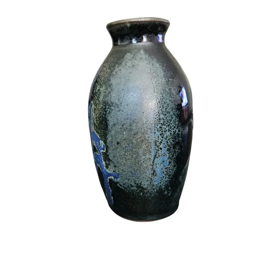 Vintage Studio Art Pottery Drip Glaze Blue Black Stoneware Vase 6in Signed